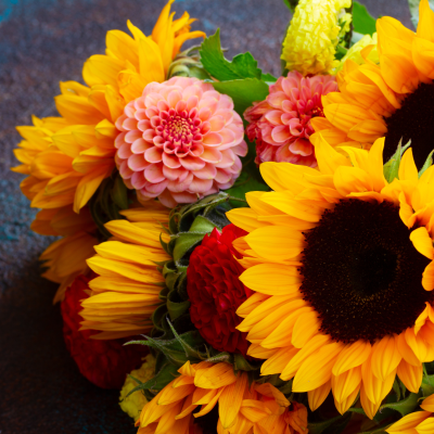 Bouquet estival éclatant mêlant tournesols, dahlias et fleurs variées dans une harmonie de couleurs vives, idéal pour offrir ou décorer avec chaleur et originalité. bouquet-tournesols-dahlias-couleurs-ete