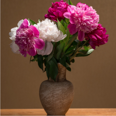 Bouquet de pivoines roses et blanches dans un vase en céramique rustique, posé sur une table en bois dans un décor sobre. bouquet-pivoines-vase-rustique-decoration-interieure